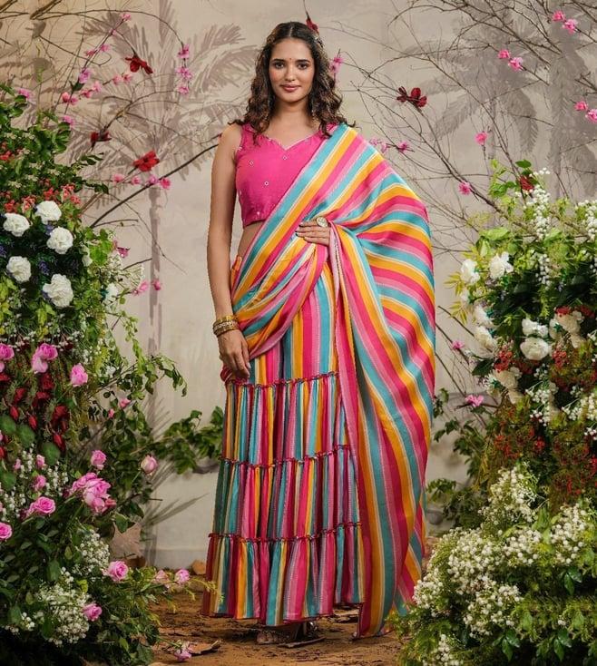 everbloom pink roze strips sharara pre-draped saree