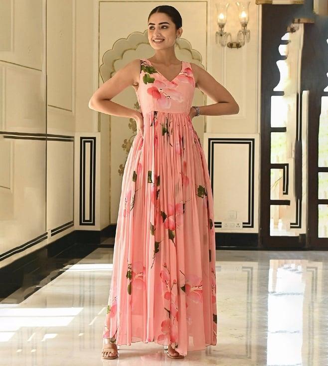 everbloom peach drupe printed pink sleeveless long dress