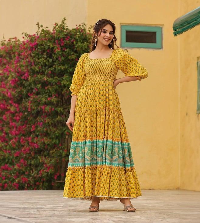 everbloom yellow haseena block printed tiered long dress