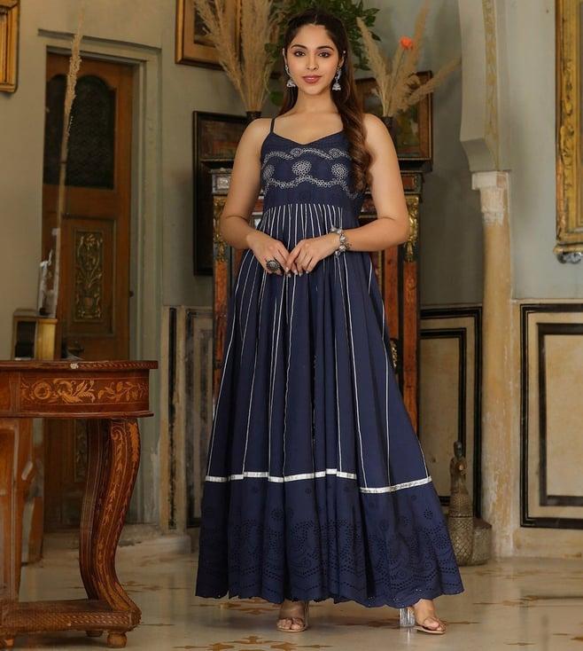 everbloom navy blue ahana embroidered flared gota lace dress