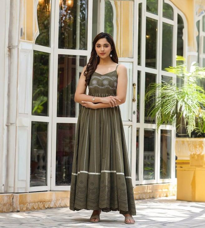 everbloom olive green arisha embroidered flared gota lace dress