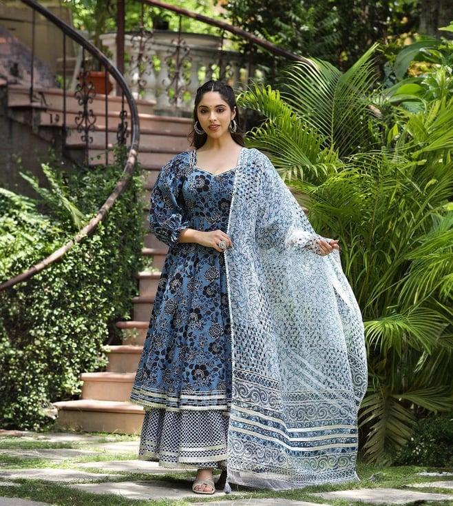 everbloom blue neerja printed layered dress with dupatta