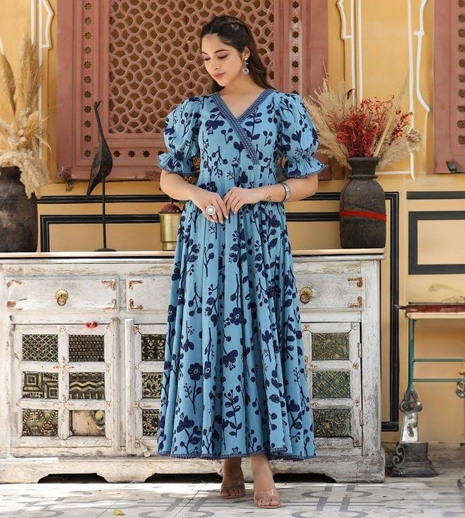 everbloom blue nilaksh printed angrakha puff sleeves dress