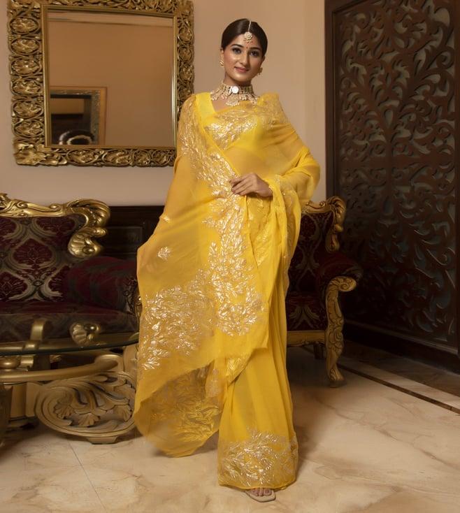 calmna yellow sunshine gotapatti chiffon handwork saree