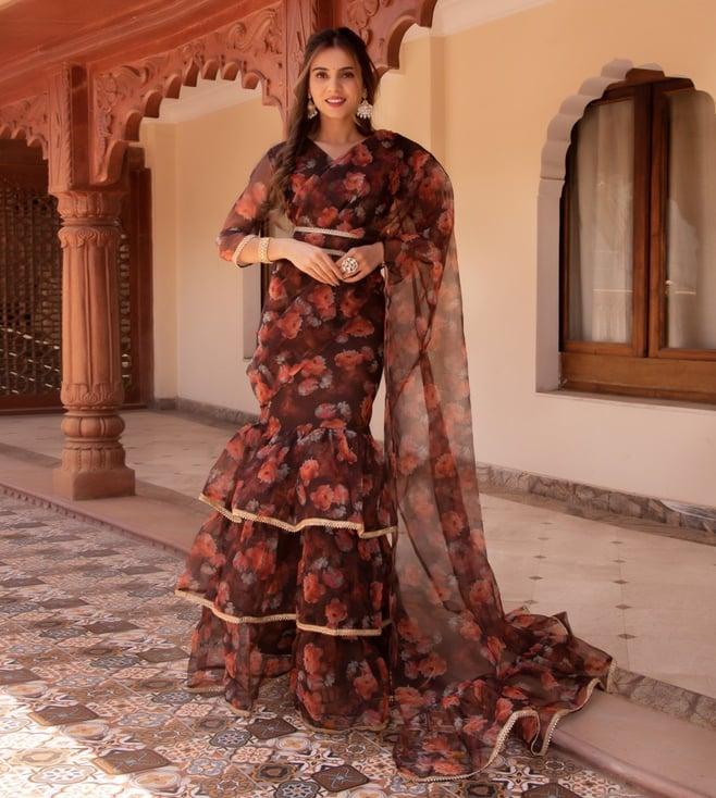 calmna mountain brown ready to wear organza printed saree