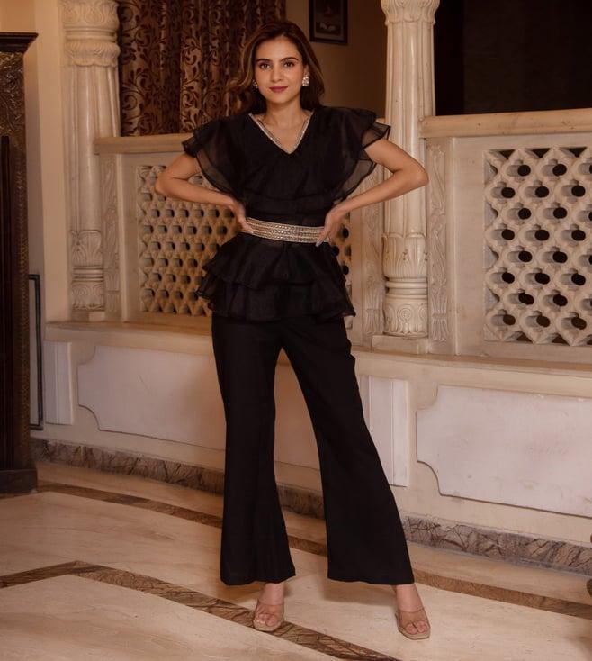 calmna adda black organza top & pant set with embellished belt