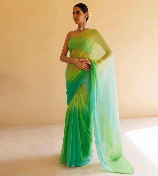 geroo jaipur green shaded mukaish hand embroidered chiffon saree with blouse