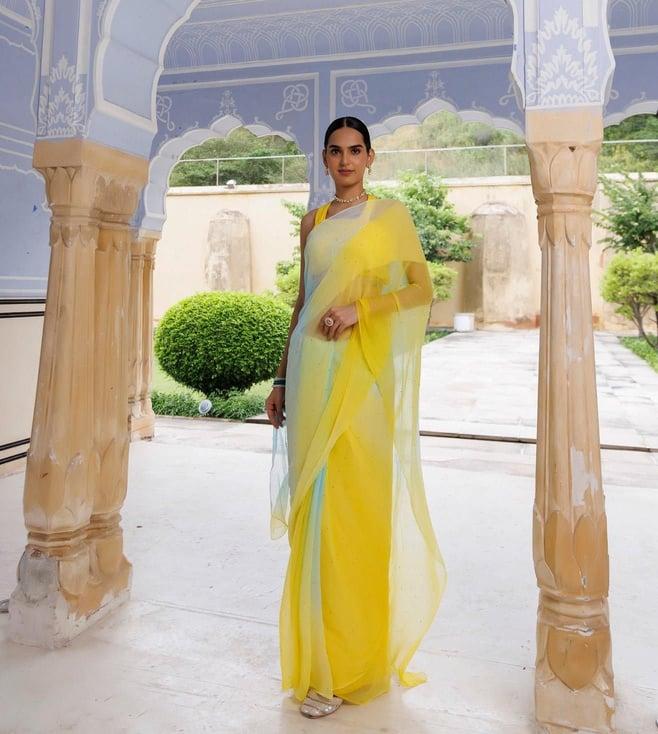 geroo jaipur yellow-blue shaded mukaish hand embroidered chiffon saree with blouse