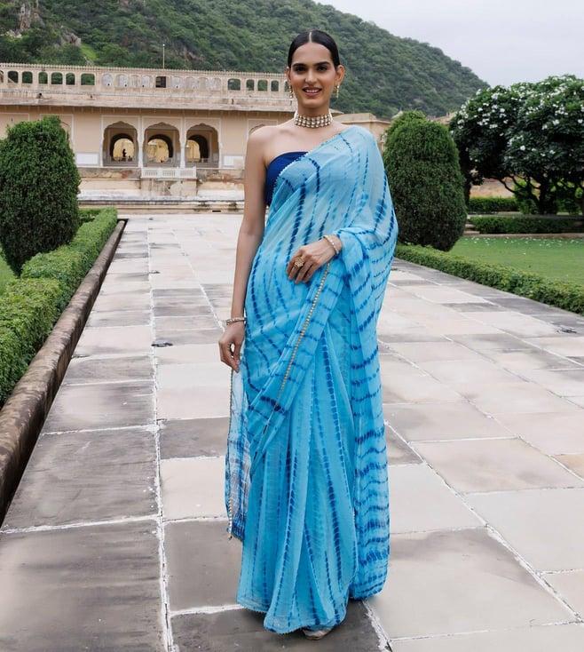 geroo jaipur blue hand dyed shibori bandhani chiffon saree with blouse