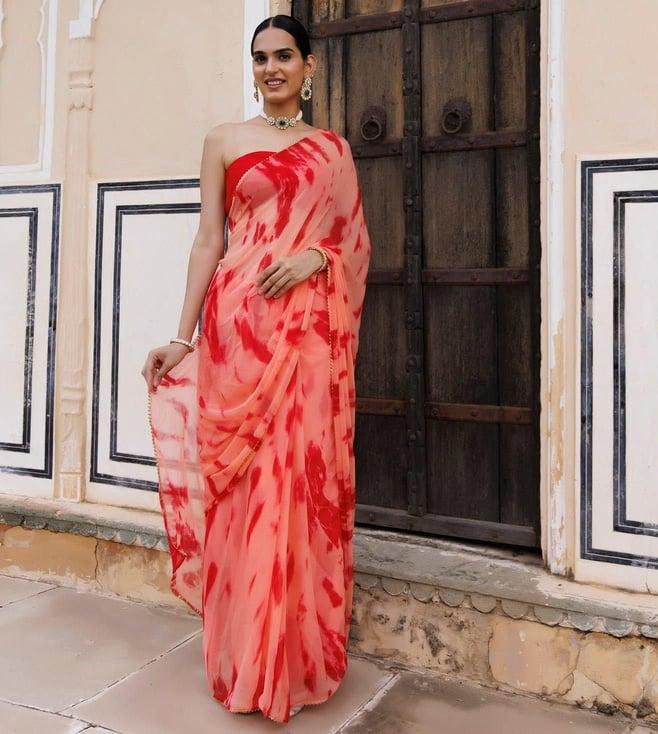 geroo jaipur peach-red hand dyed shibori bandhani chiffon saree with blouse