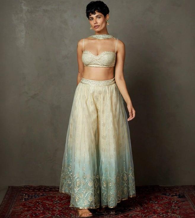 ri.ritu kumar off white aqua machine and hand embellished sterling cape with bustier and palazzo