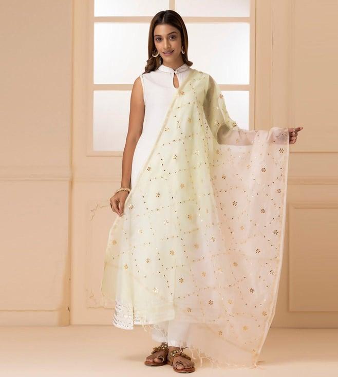 geroo jaipur white and lime green handcrafted gota patti pure kota silk dupatta