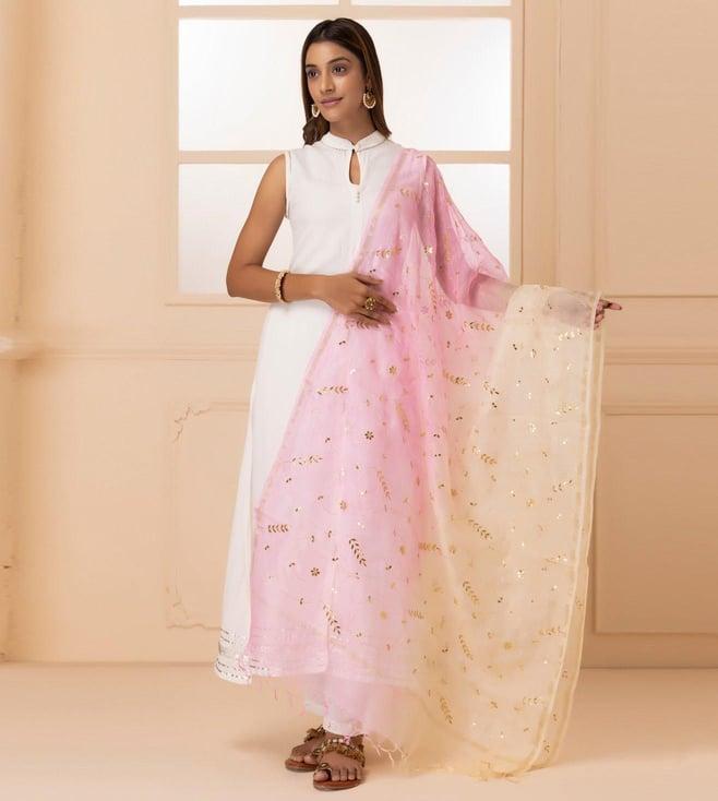 geroo jaipur white and light pink handcrafted gota patti pure kota silk dupatta