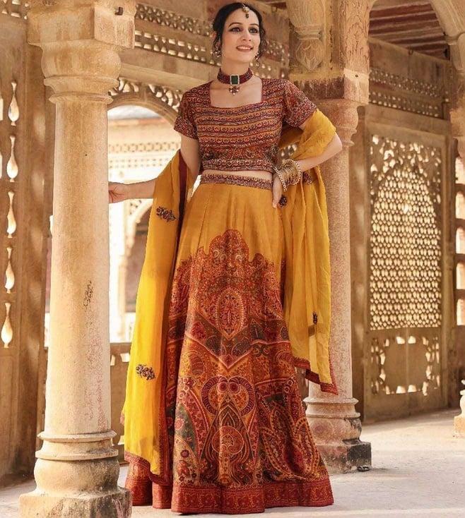 scakhi mustard raw silk printed lehenga with choli and dupatta