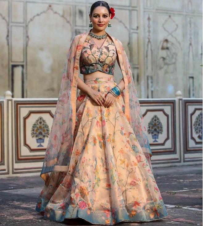 scakhi beige tissue zari floral print lehenga with choli and dupatta