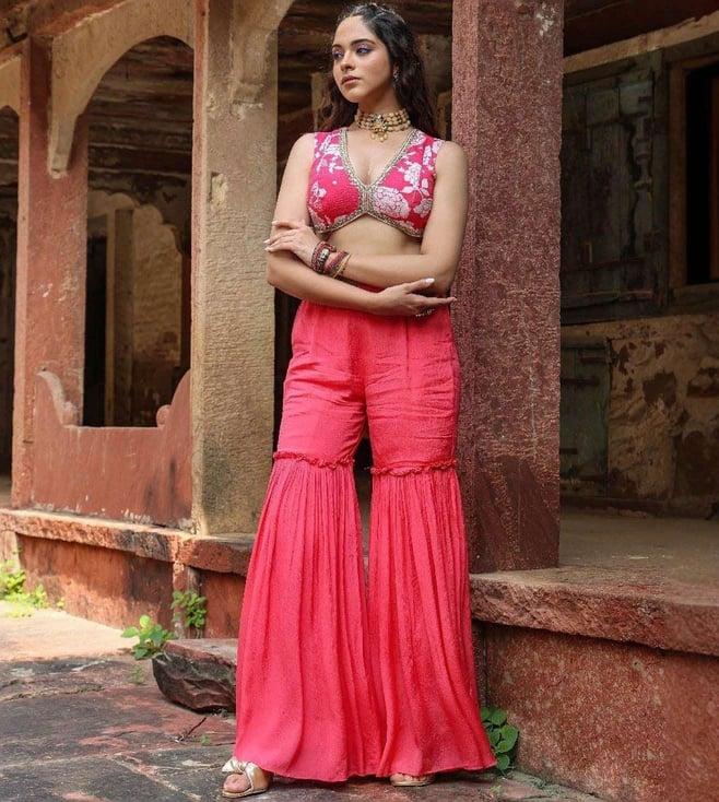 scakhi coral chinon silk floral print choli with sharara and cape