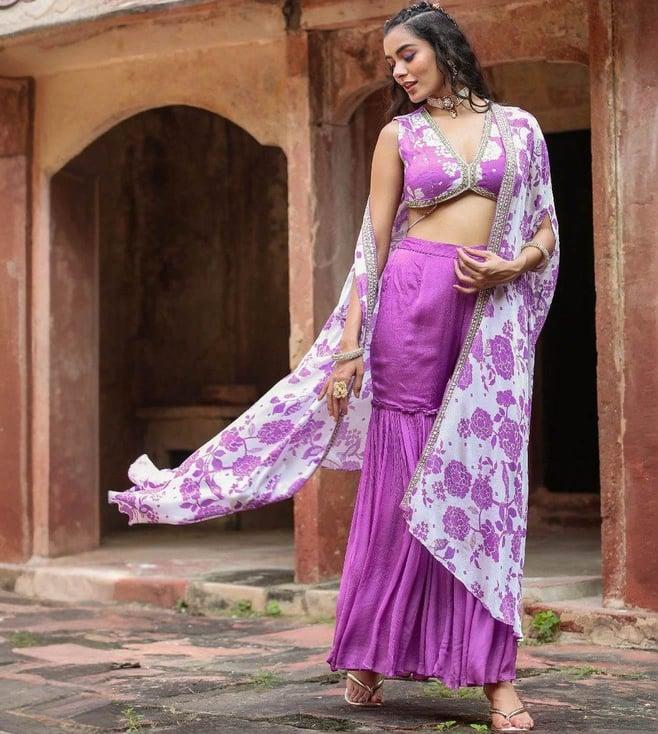 scakhi lavender chinon silk floral print choli with sharara and cape