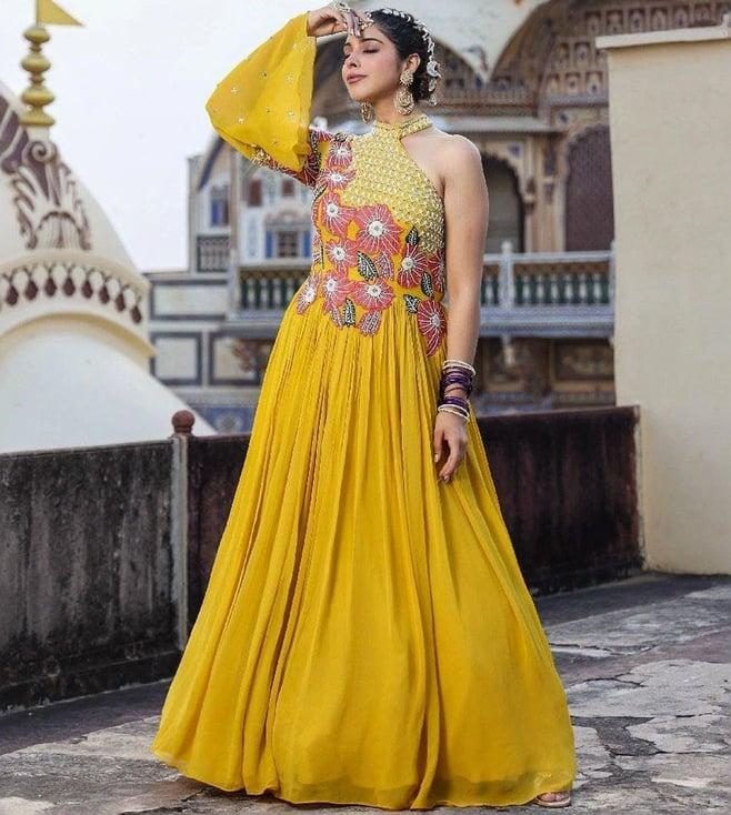 scakhi yellow georgette gathered party gown with applique and heavy embellishment