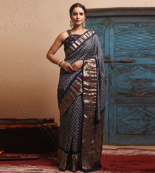 geroo jaipur grey-blue bandhani zari woven silk saree