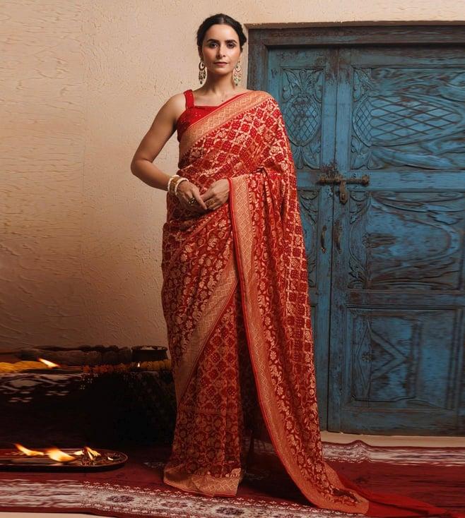 geroo jaipur red pure georgette zari woven gharchola bandhani saree