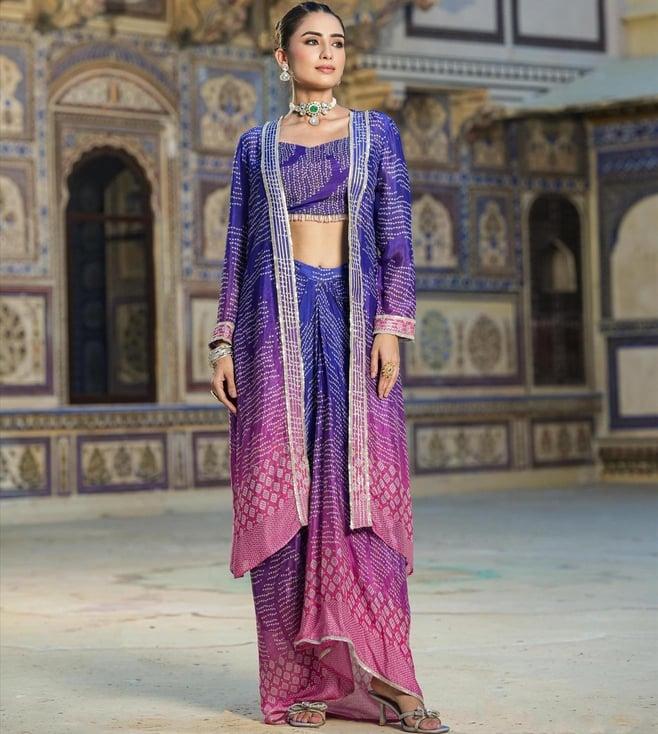 scakhi blue chinon silk bandhani print choli with drape skirt and cape