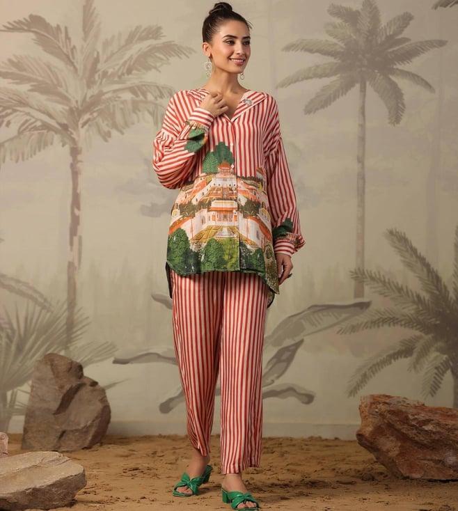 scakhi rust muslin silk placement print with stripes shirt with pant co-ord set