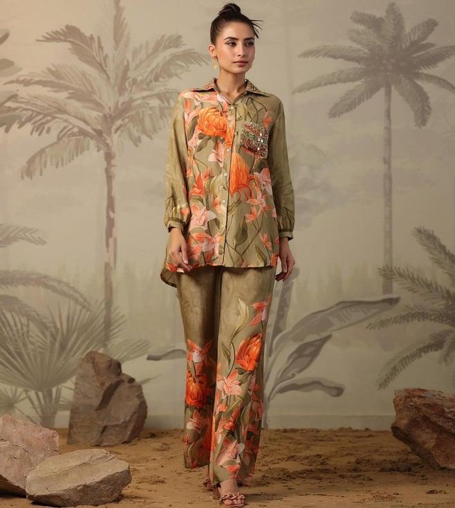 scakhi olive muslin silk floral print embellished shirt with pant co-ord set