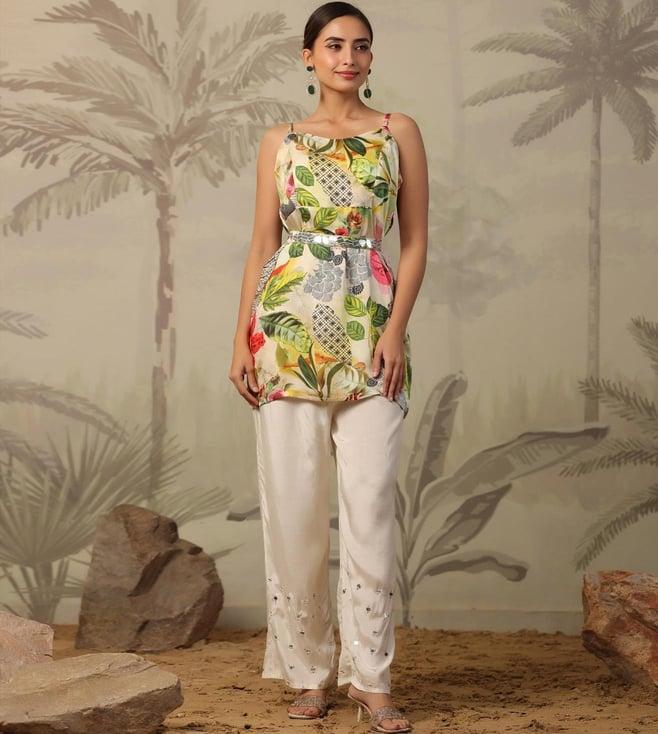 scakhi multi satin floral print embellished top with pant co-ord set