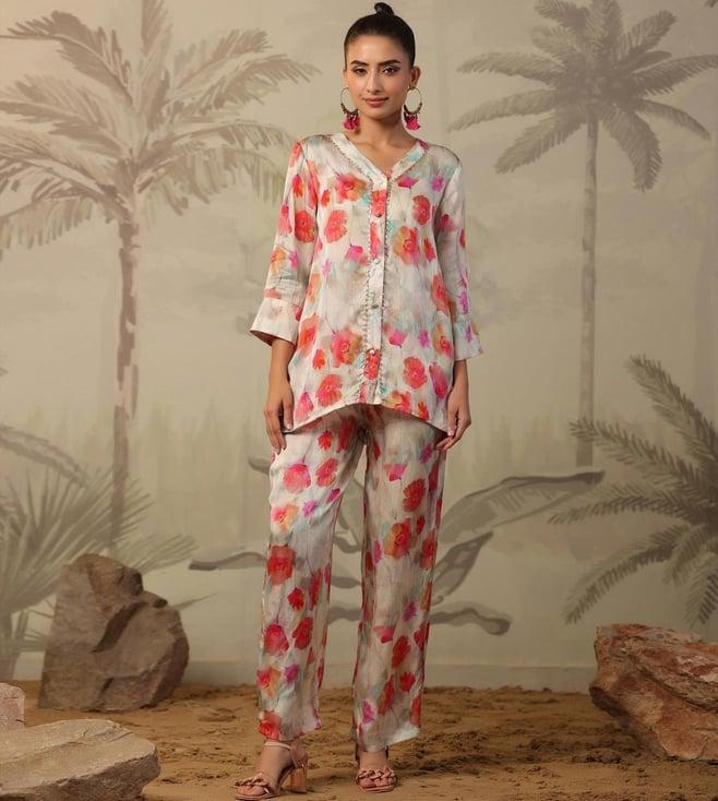 scakhi multi satin floral print top with pant co-ord set