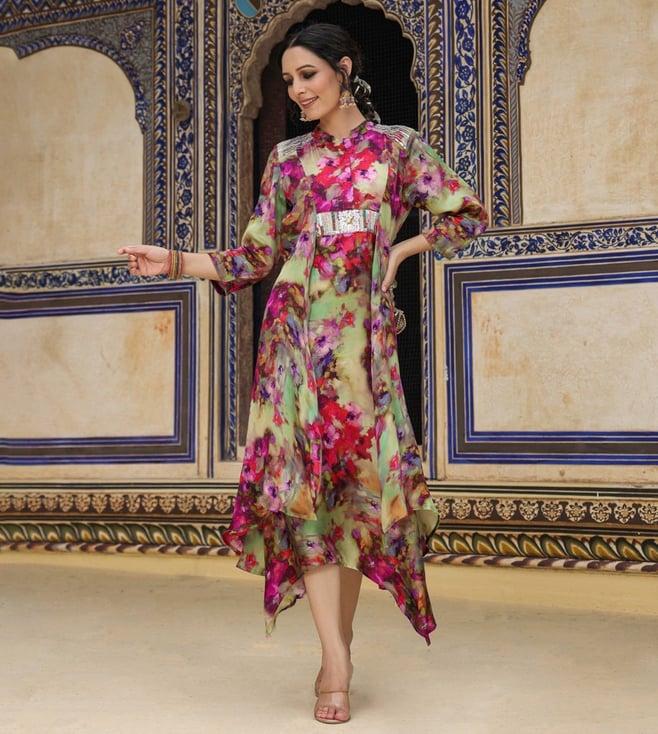 scakhi multi satin abstract floral print embellished asymmetric kaftan