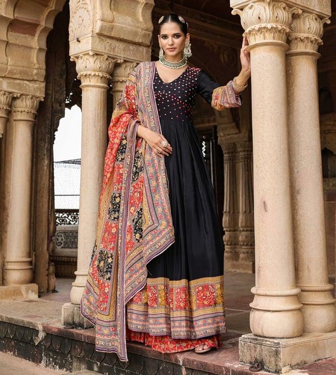 scakhi black crepe silk embellished yoke design gathered gown with dupatta