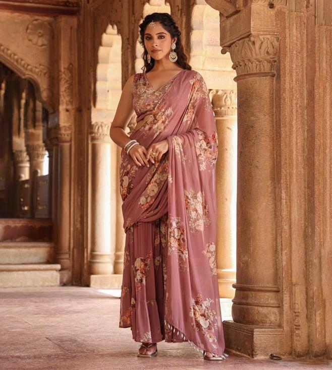 scakhi lavender georgette pre draped floral print sharara saree