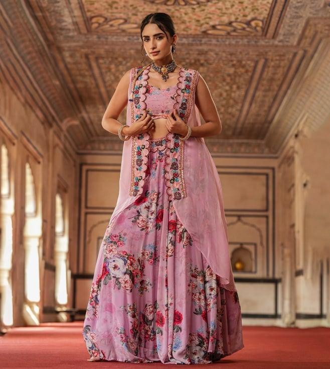 scakhi lavender georgette floral print lehenga choli with organza cape