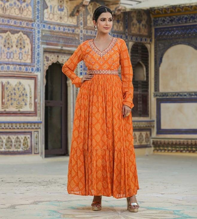 scakhi orange chinon silk bandhani print gathered gown with belt