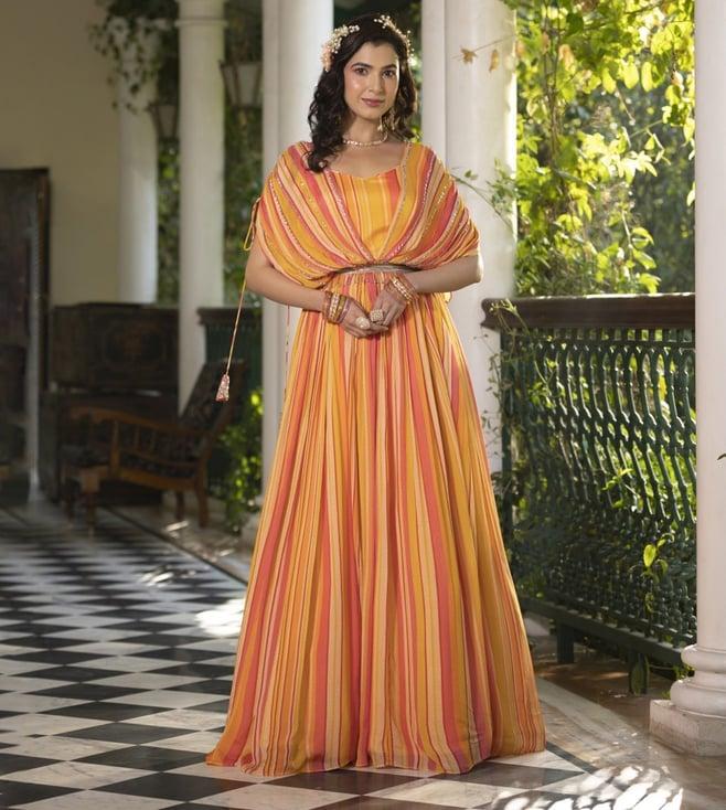 scakhi yellow chinon silk candy stripes party gown with belt and attached cape