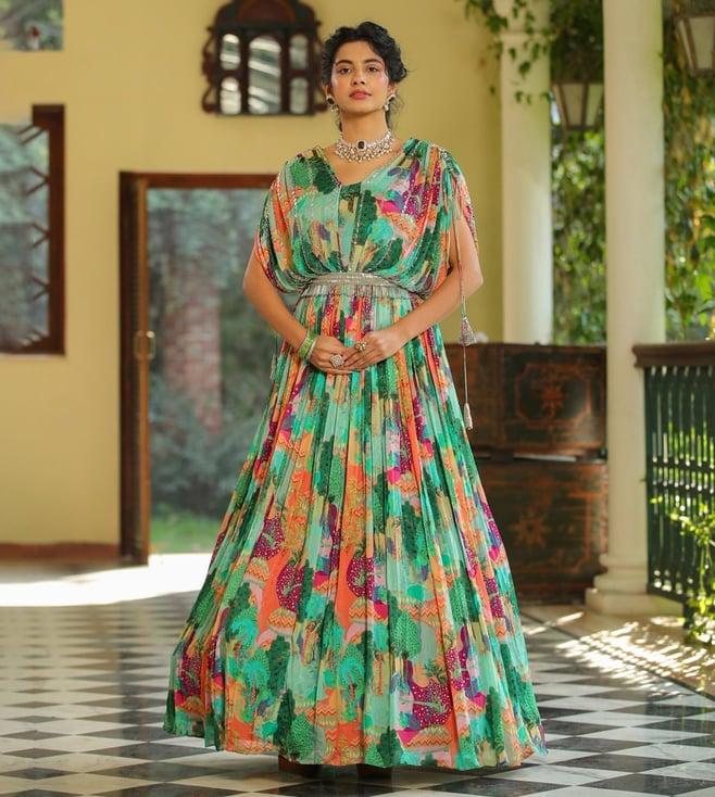 scakhi green chinon silk jungle print party gown with belt and attached cape