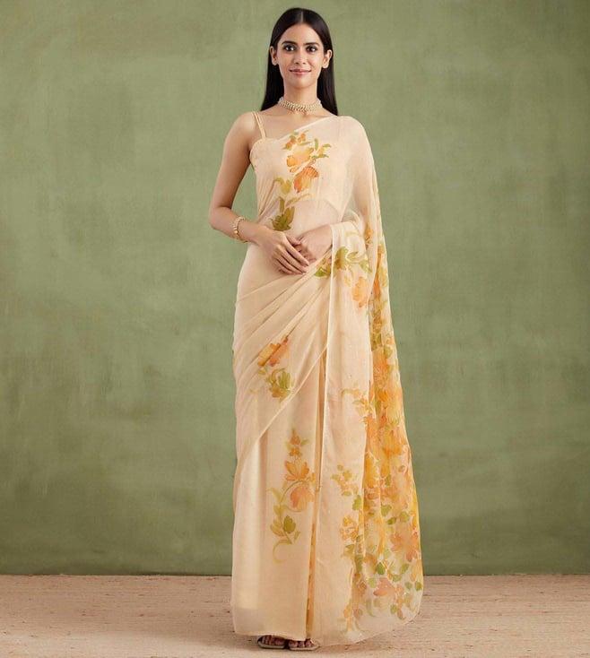 geroo jaipur beige hand painted mukaish chiffon saree