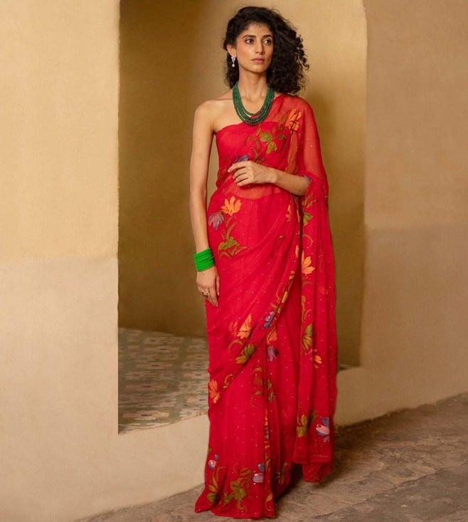 geroo jaipur red hand painted mukaish chiffon saree