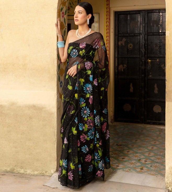 geroo jaipur black hand painted mukaish chiffon saree