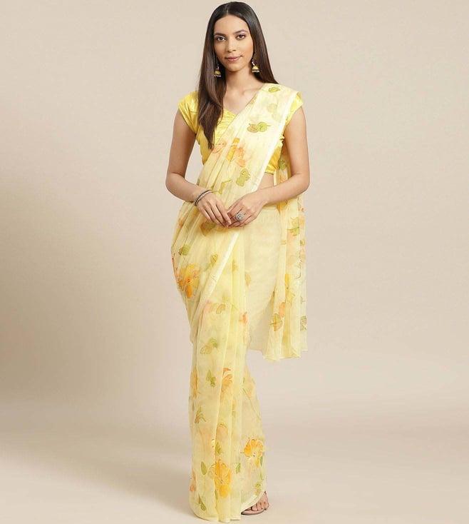 geroo jaipur yellow hand painted mukaish chiffon saree