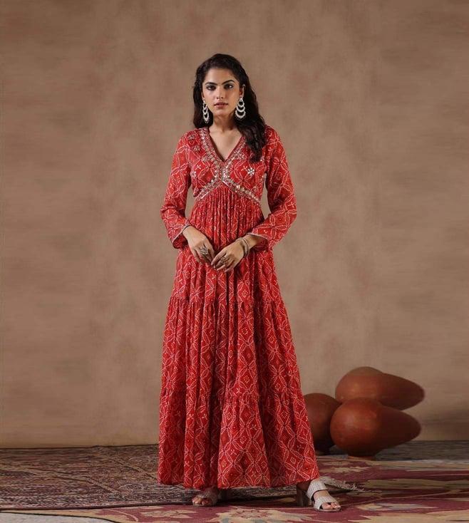 scakhi red chinon silk bandhani print & gota work gathered gown