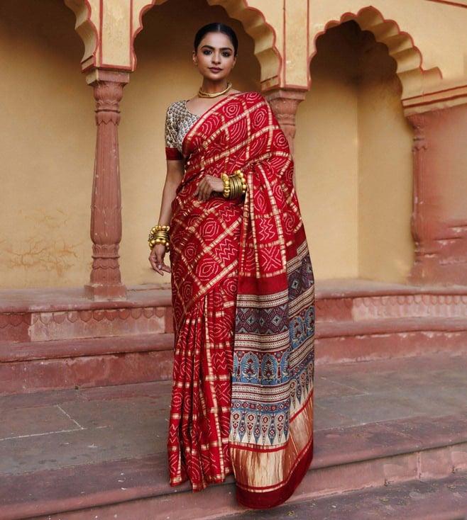 geroo jaipur red pure bandhani gharchola zari silk saree with ajrakh pallu