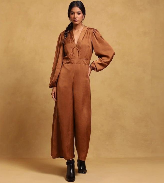 ritu kumar brown v-neck full sleeves solid jumpsuit