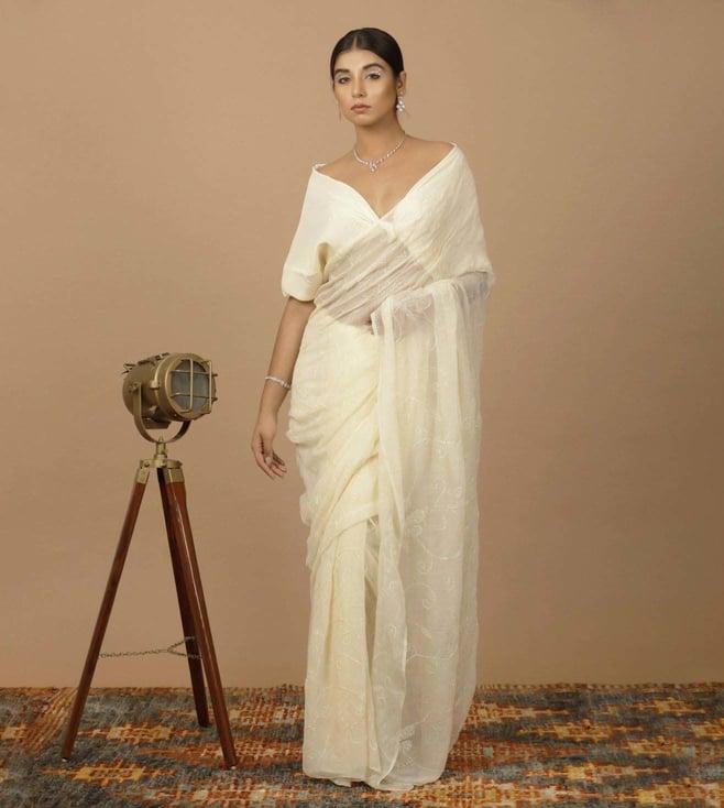 geroo jaipur cream chiffon hand embroidered sequins jaal saree