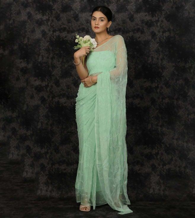 geroo jaipur sea green chiffon hand embroidered sequins jaal saree