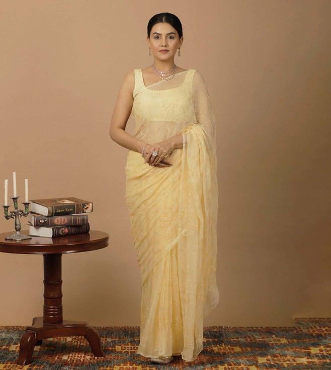 geroo jaipur beige chiffon hand embroidered sequins jaal saree