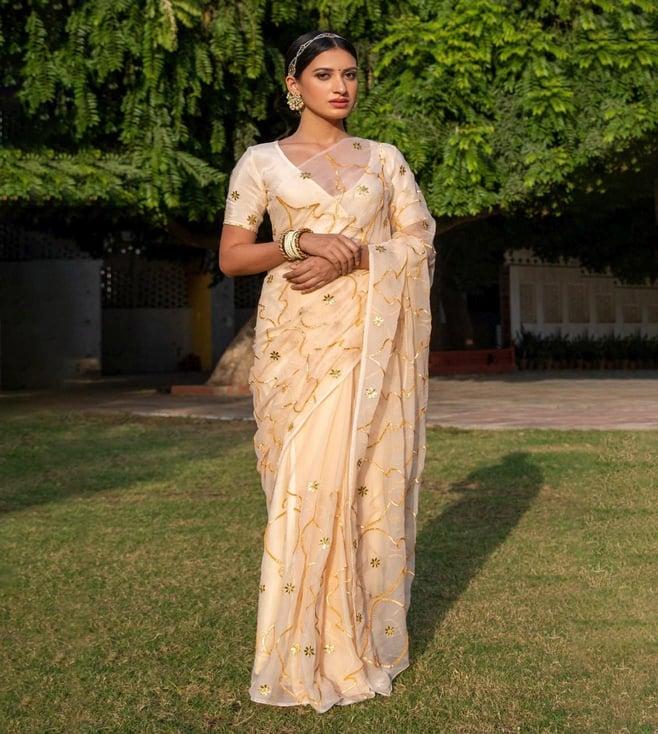 geroo jaipur beige handcrafted gota jaal chiffon saree