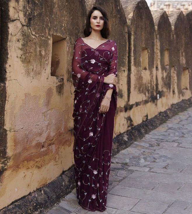 geroo jaipur plum hand embroidered sequins-tube jaal chiffon saree