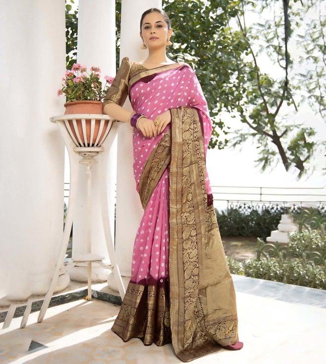 geroo jaipur pink & golden handcrafted bandhani modal silk saree with kanchipuram border