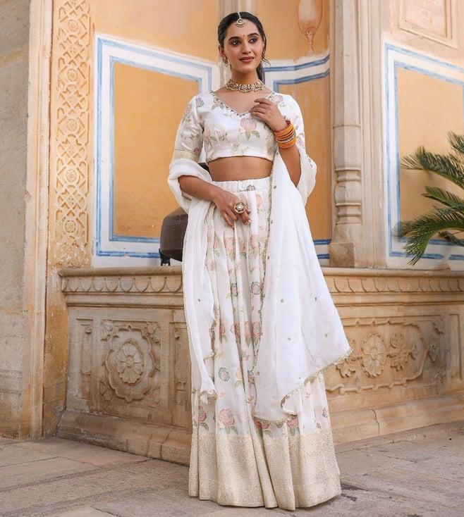 everbloom savi white jashn floral printed jacquard lehenga set